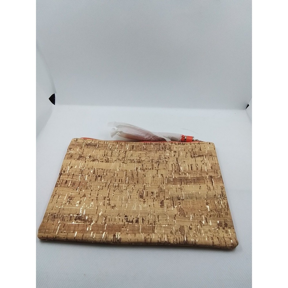 Mary Kay Cork Gold Fleck Clutch Makeup Bag Teal Lining Coral Tassel Zip New
